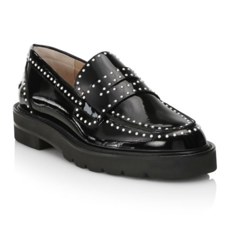 Stuart Weitzman Parker Lift Embellished Patent Leather Loafers size 9
